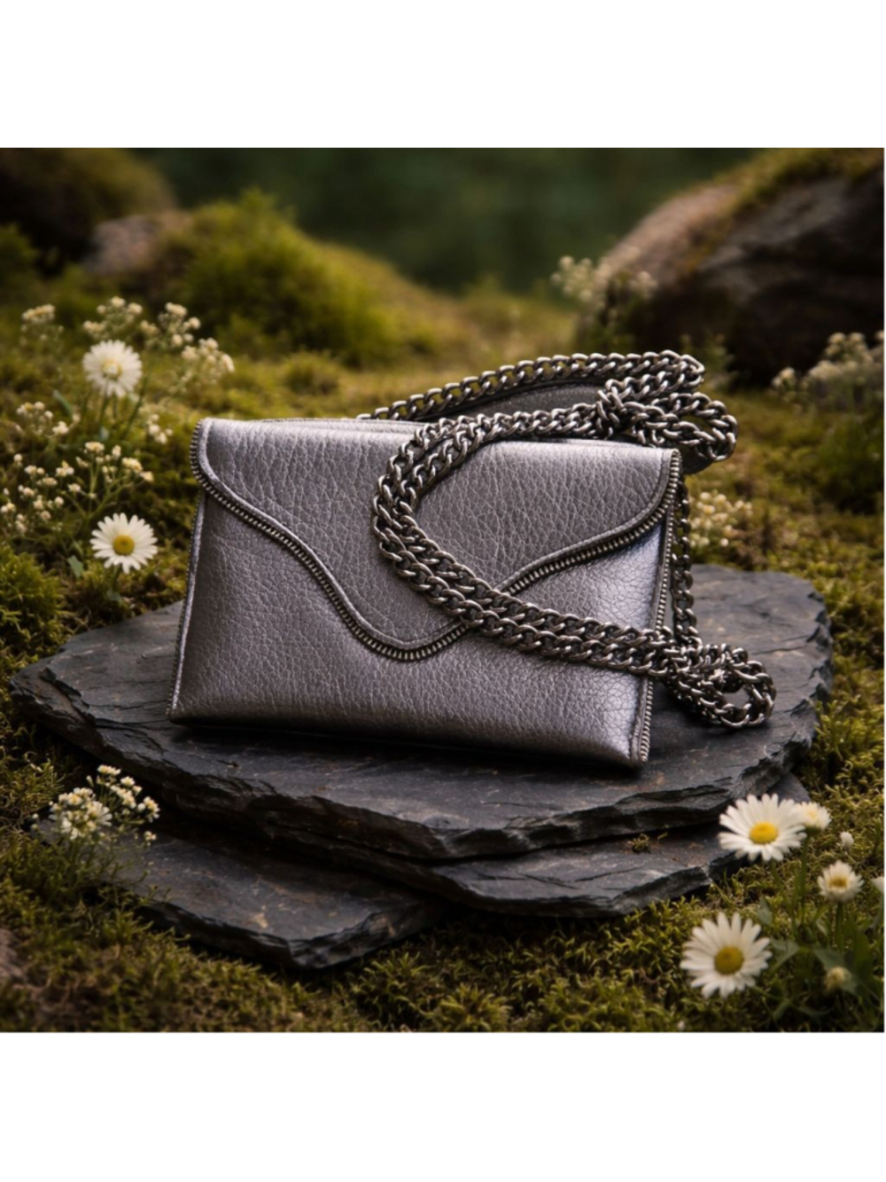 Women's NWOT JJ Winters Metallic Silver Leather Chain Strap Envelope Purse
